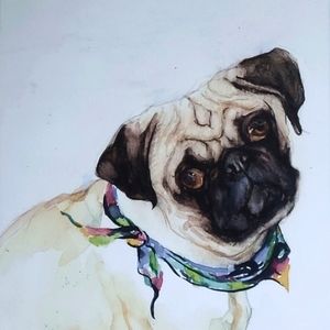 DOG PRINT PUG With Scarf  Signed